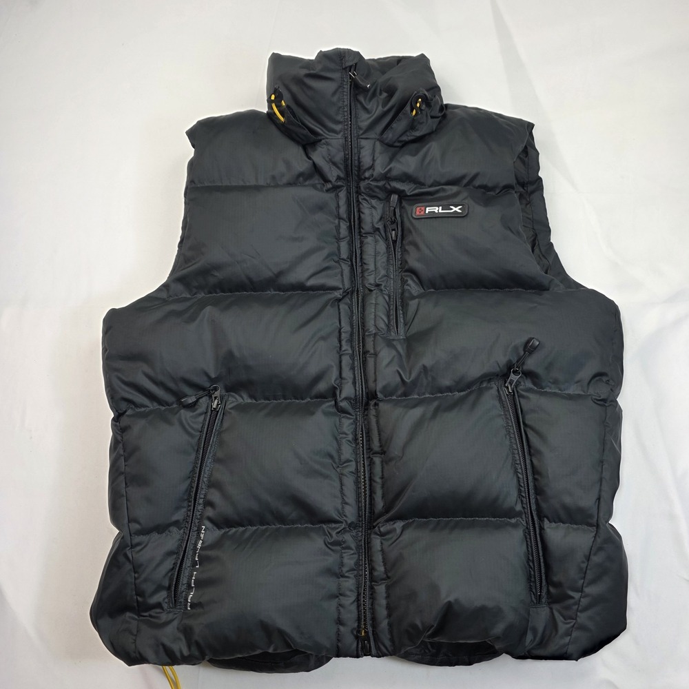 RLX Ralph Lauren Vest Mens Large Black Down Puffer Hooded Zip Pockets Outdoor